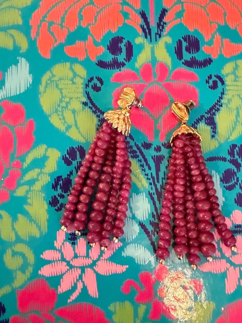Ruby 22k Gold Earrings from India. Stunning Tassel Earrings - Women Jewelry - Picture 3 of 14